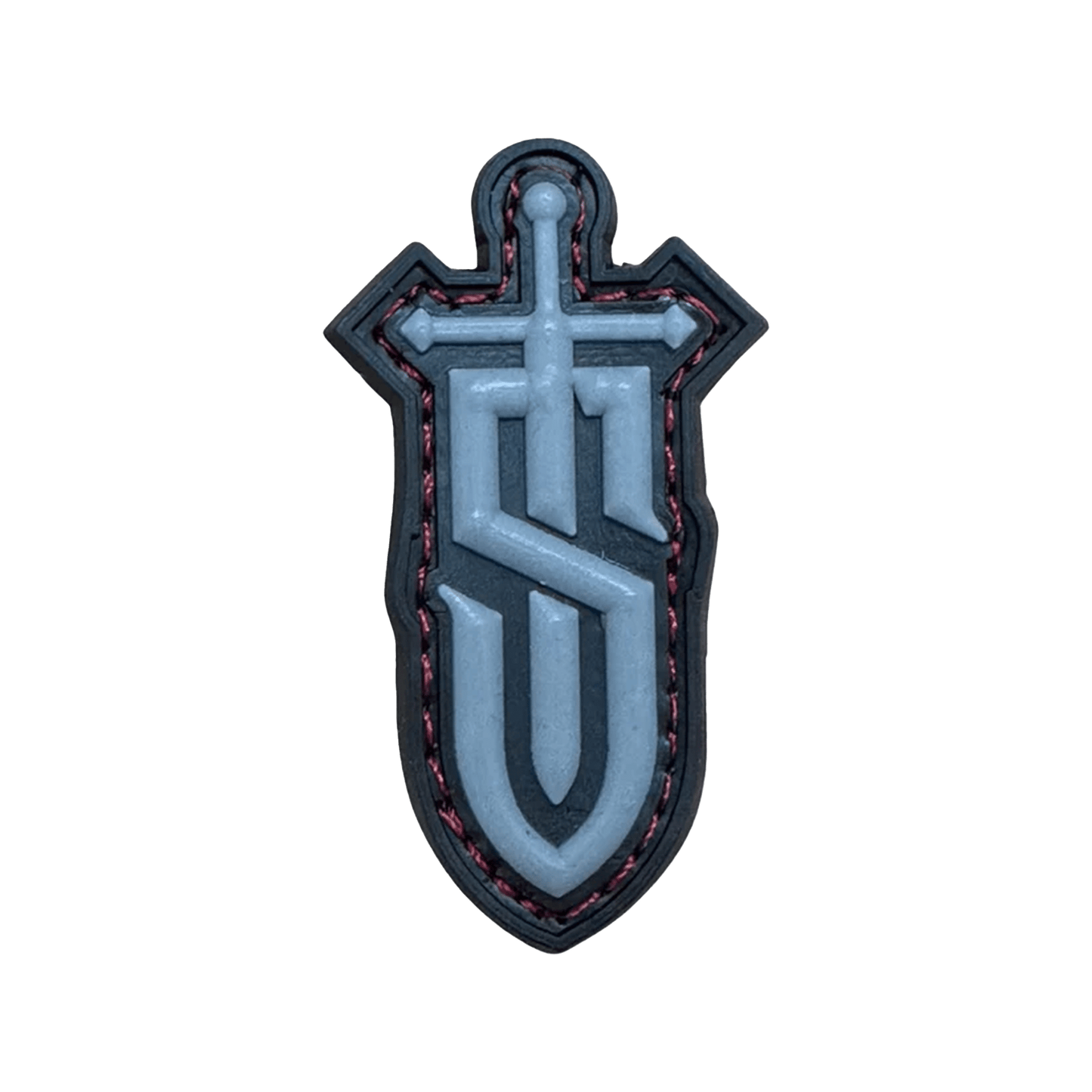 Sharp Things Emblem tactical PVC patch with sword design and red stitching on a white background.