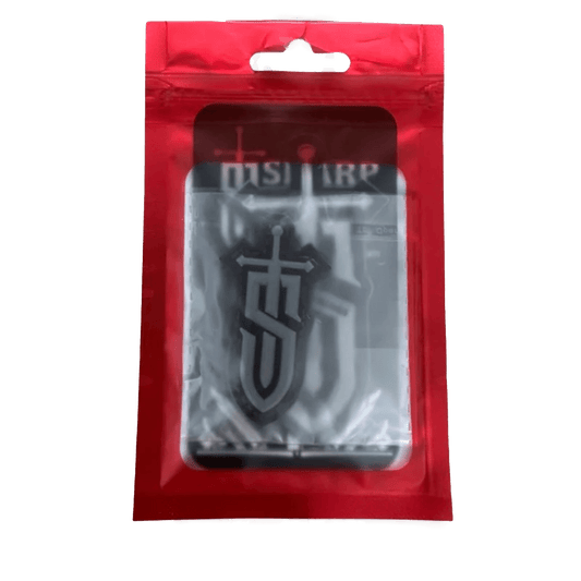 Sharp Things Emblem tactical PVC patch in red packaging, showing sword design through clear window.