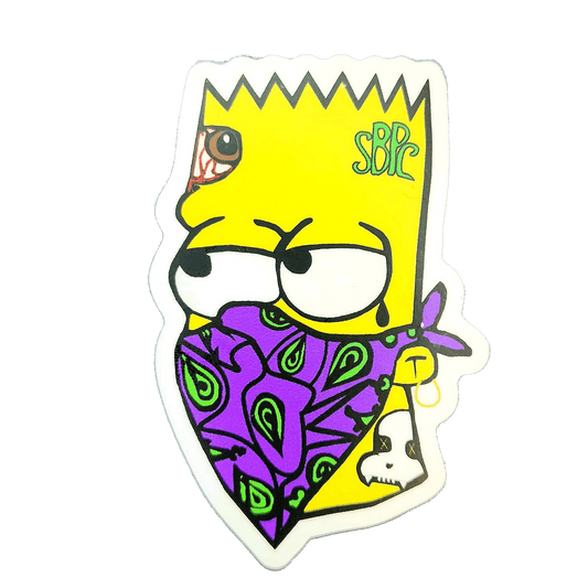Yellow Menace Sticker Set – Mischievous Duo - Slaps - SBP-YM-STK-SET-001 - Sticky Back Patch Company - A close - up image of a single 'Yellow Menace' sticker. The character has a 'SBPC' written on his forehead.