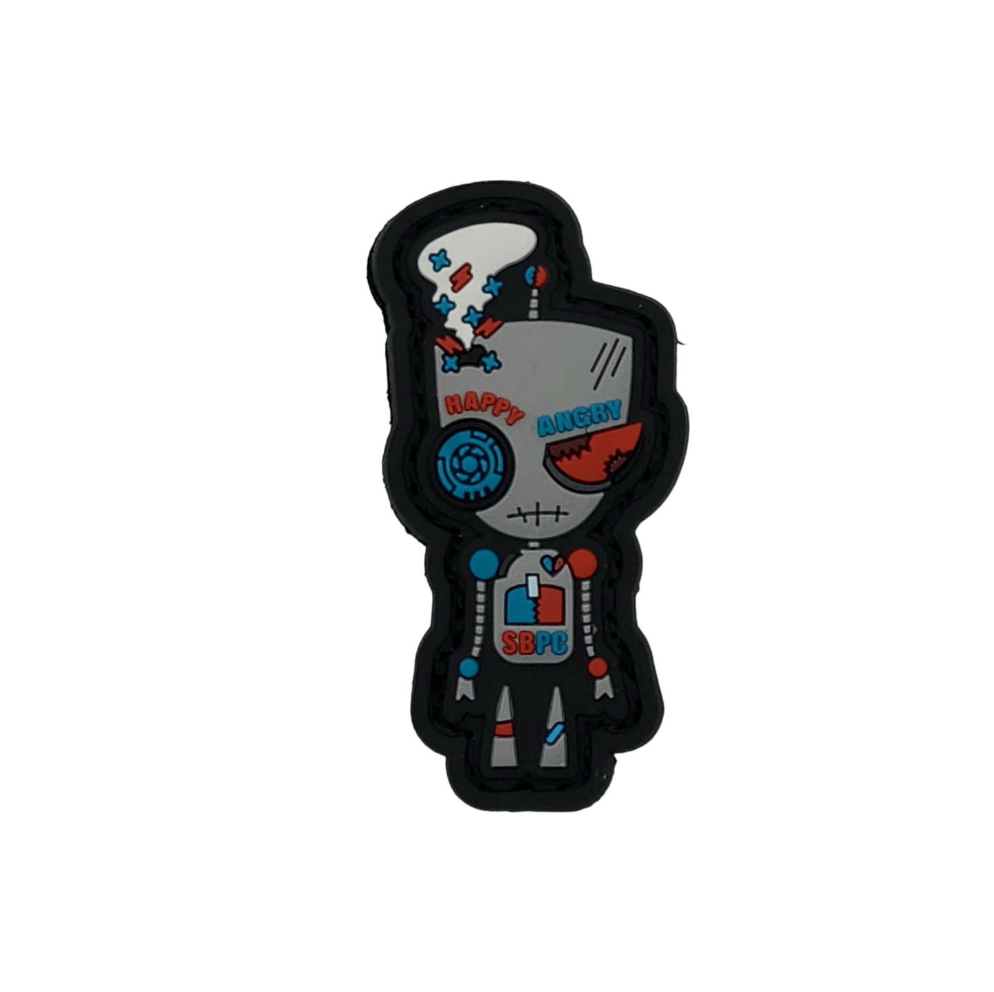 Bipolar Bot PVC patch showing a robot with contrasting happy and angry expressions.
