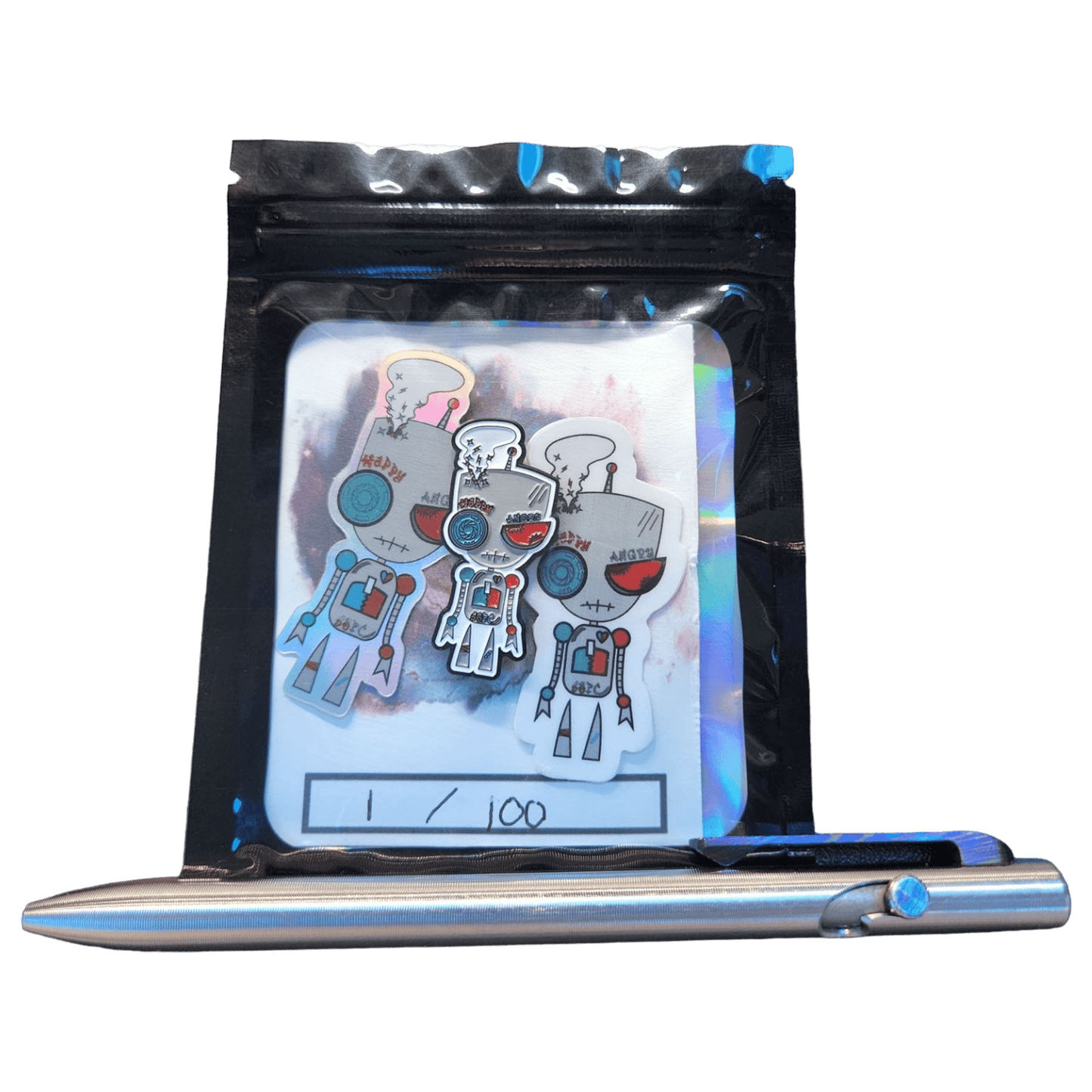 Bipolar Bot soft enamel pin with art card and two stickers in a holographic mylar bag with a tactile pen in front of it.
