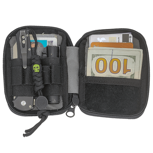 Open grey Micro Pouch showing organized contents, including a knife, lighter, pen, and cash.