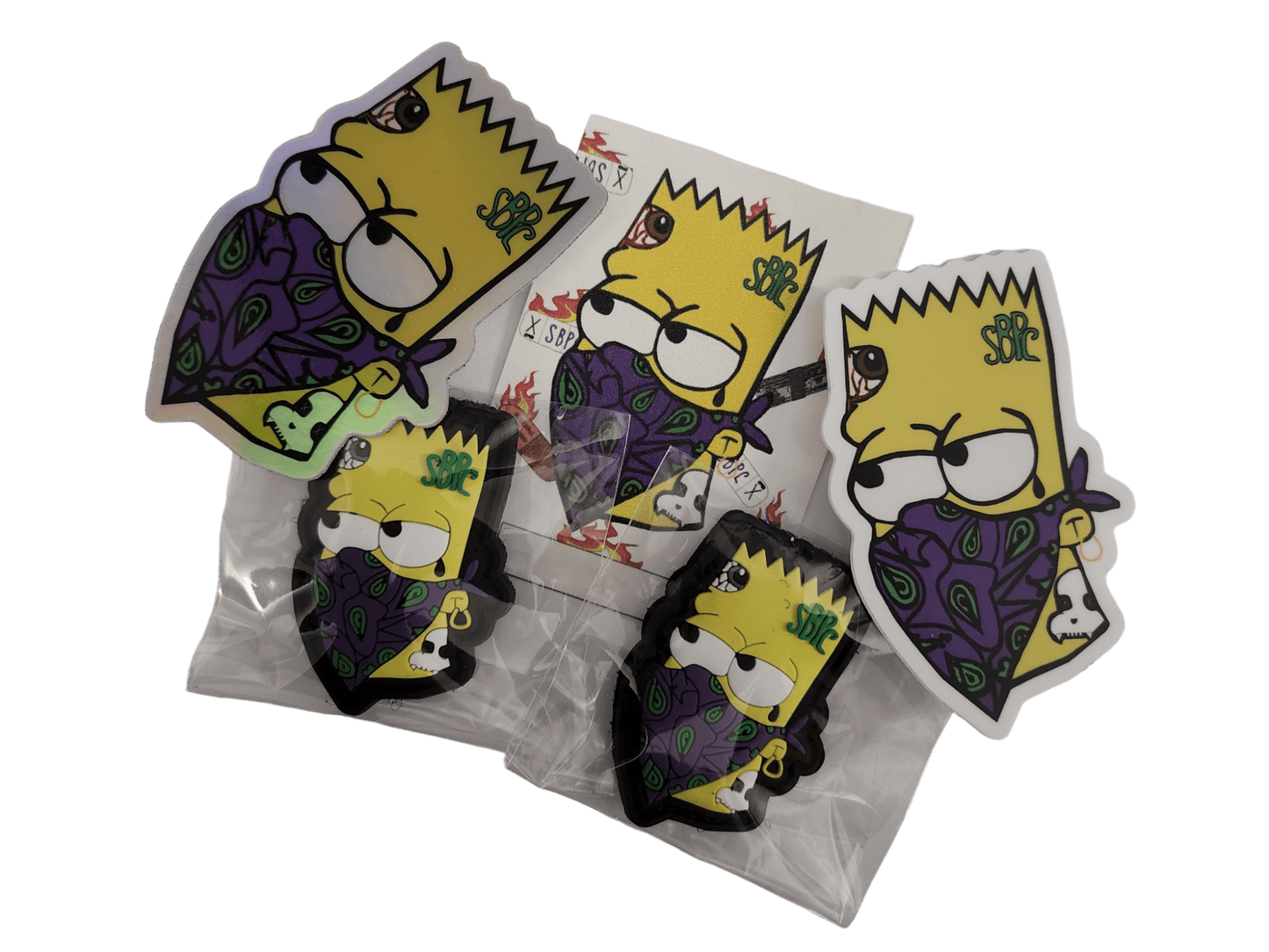 Yellow Menace patch and sticker set featuring a character with a purple bandana and green SBPC tattoo.