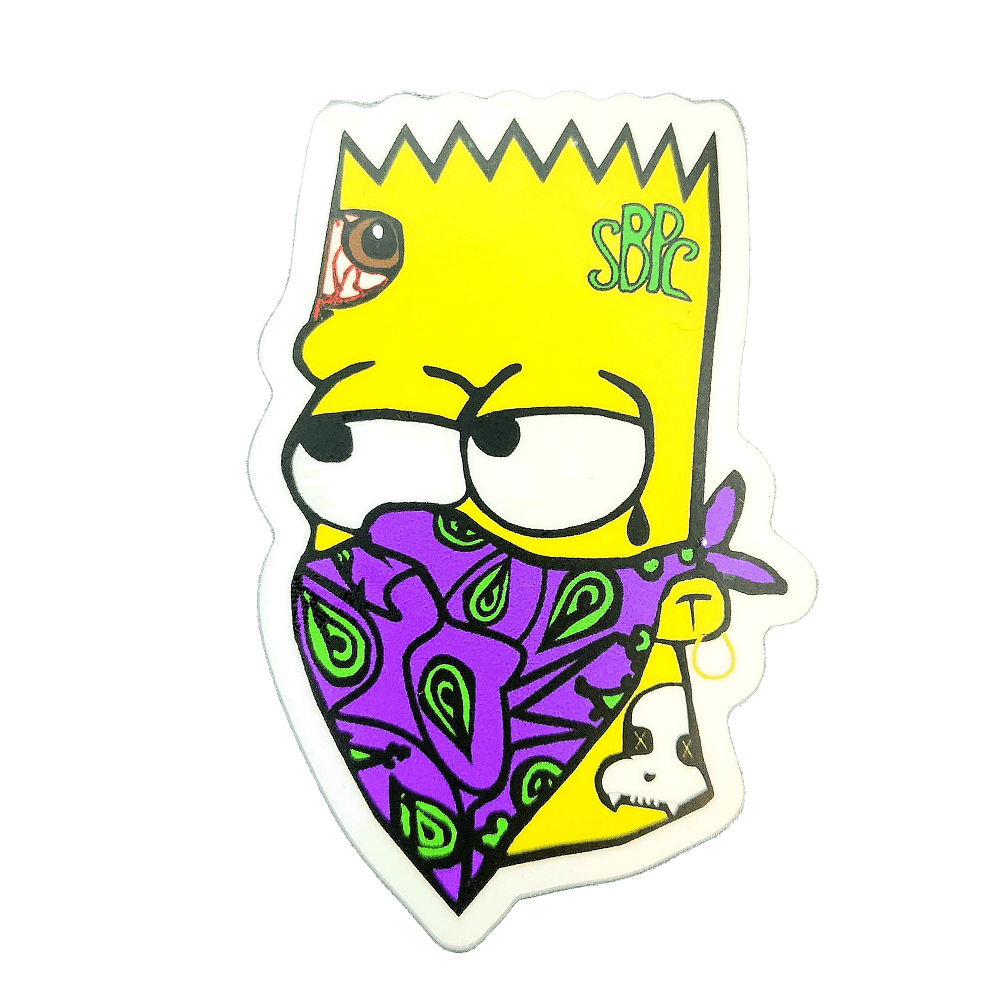 Yellow Menace Sticker Set – Mischievous Duo - Slaps - SBP-YM-STK-SET-001 - Sticky Back Patch Company - A close - up image of a single 'Yellow Menace' sticker. The character has a 'SBPC' written on his forehead.