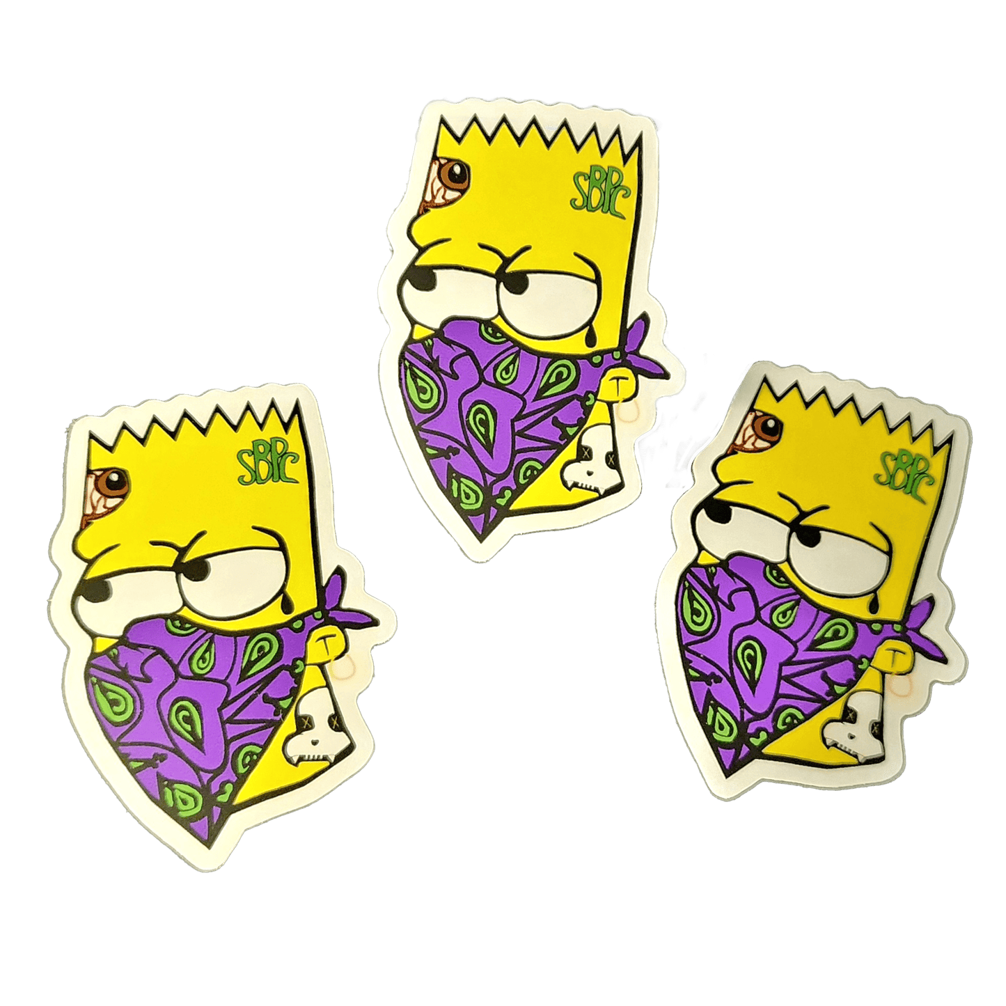 Yellow Menace Sticker Set – Mischievous Duo - Slaps - SBP-YM-STK-SET-001 - Sticky Back Patch Company - An image showing three 'Yellow Menace' stickers, the stickers are vibrant and have a white border.