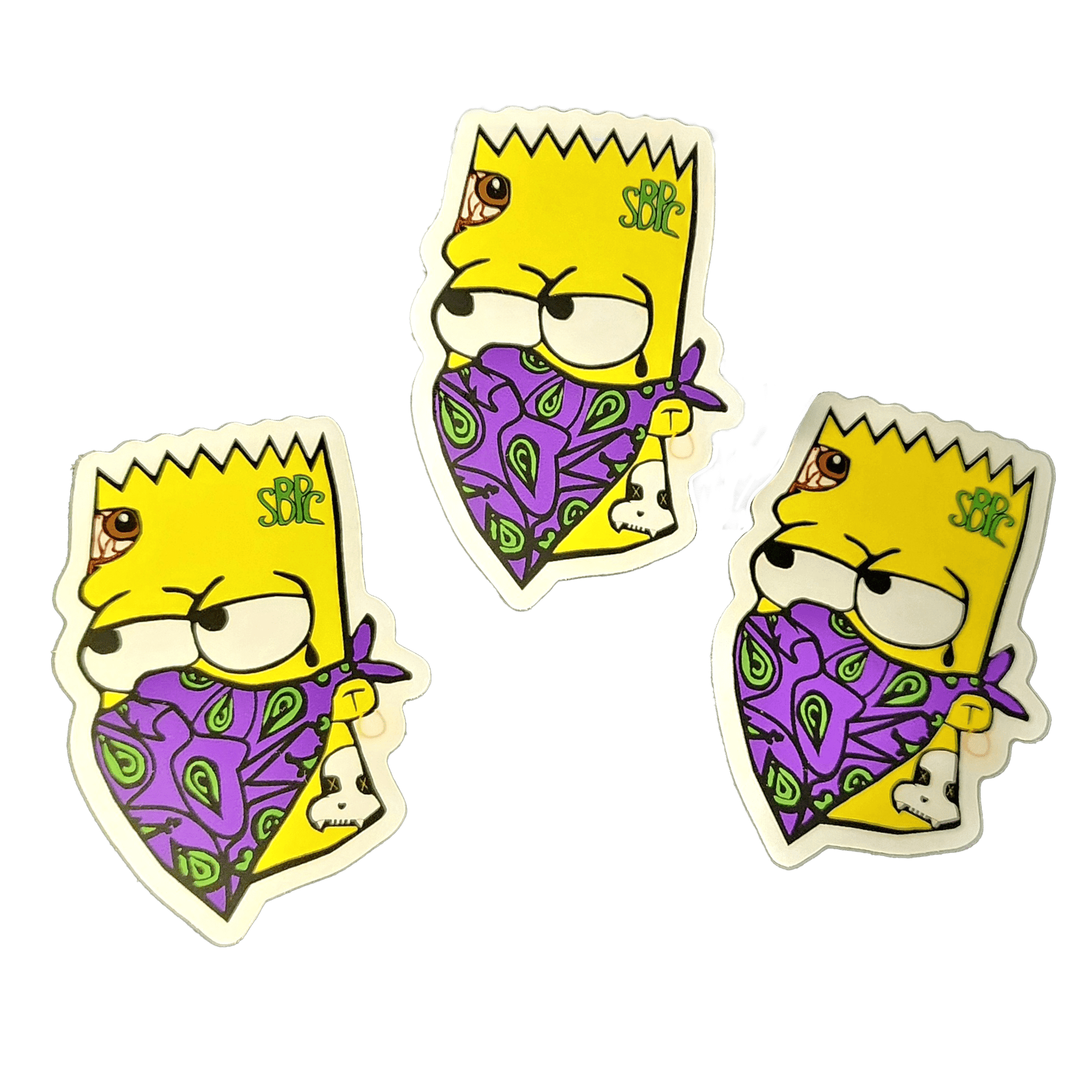 Yellow Menace Sticker Set – Mischievous Duo - Slaps - SBP-YM-STK-SET-001 - Sticky Back Patch Company - An image showing three 'Yellow Menace' stickers, the stickers are vibrant and have a white border.