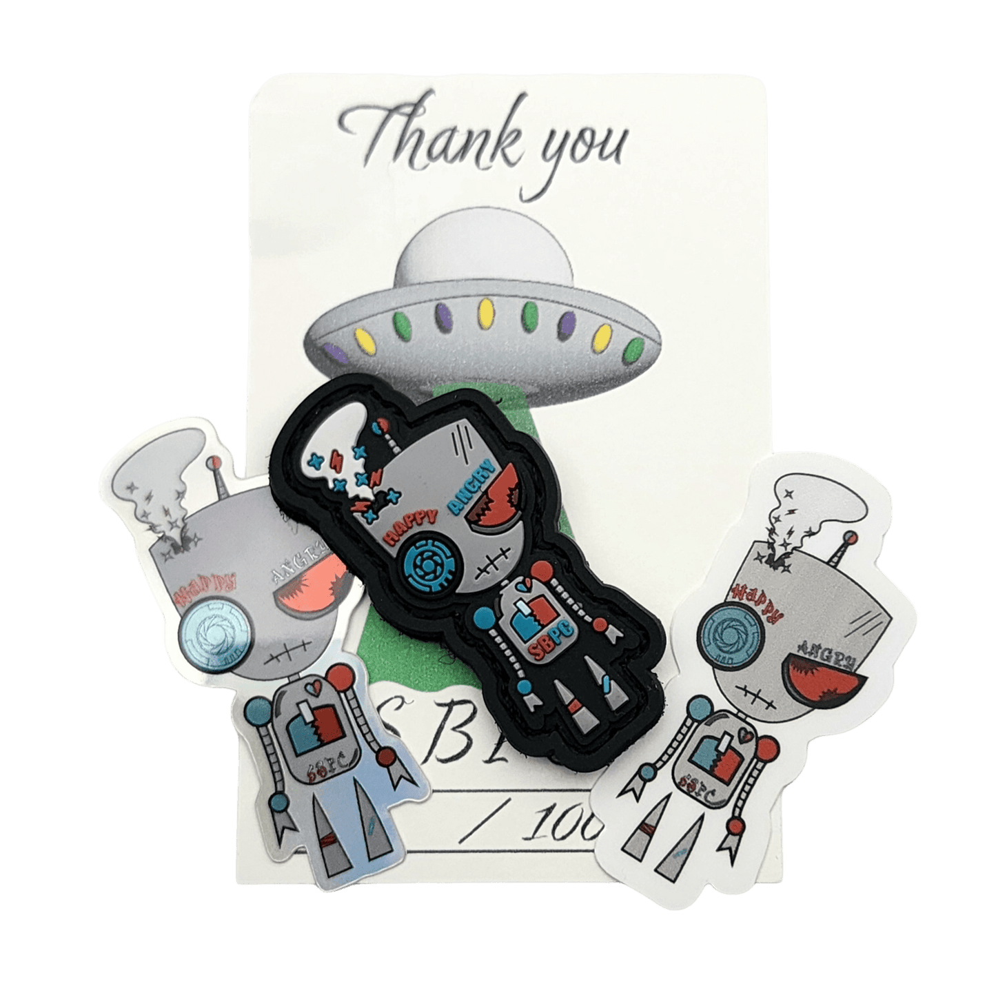 Bipolar Bot mood swing PVC patch set with holographic and regular stickers, and a numbered art card.