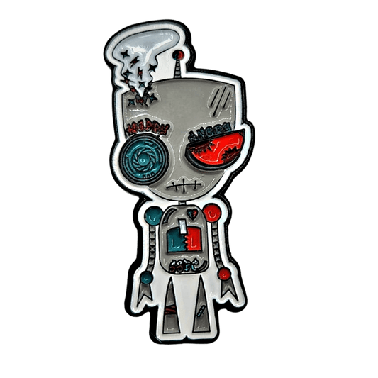 Bipolar Bot soft enamel pin with its contracting happy and angry face.