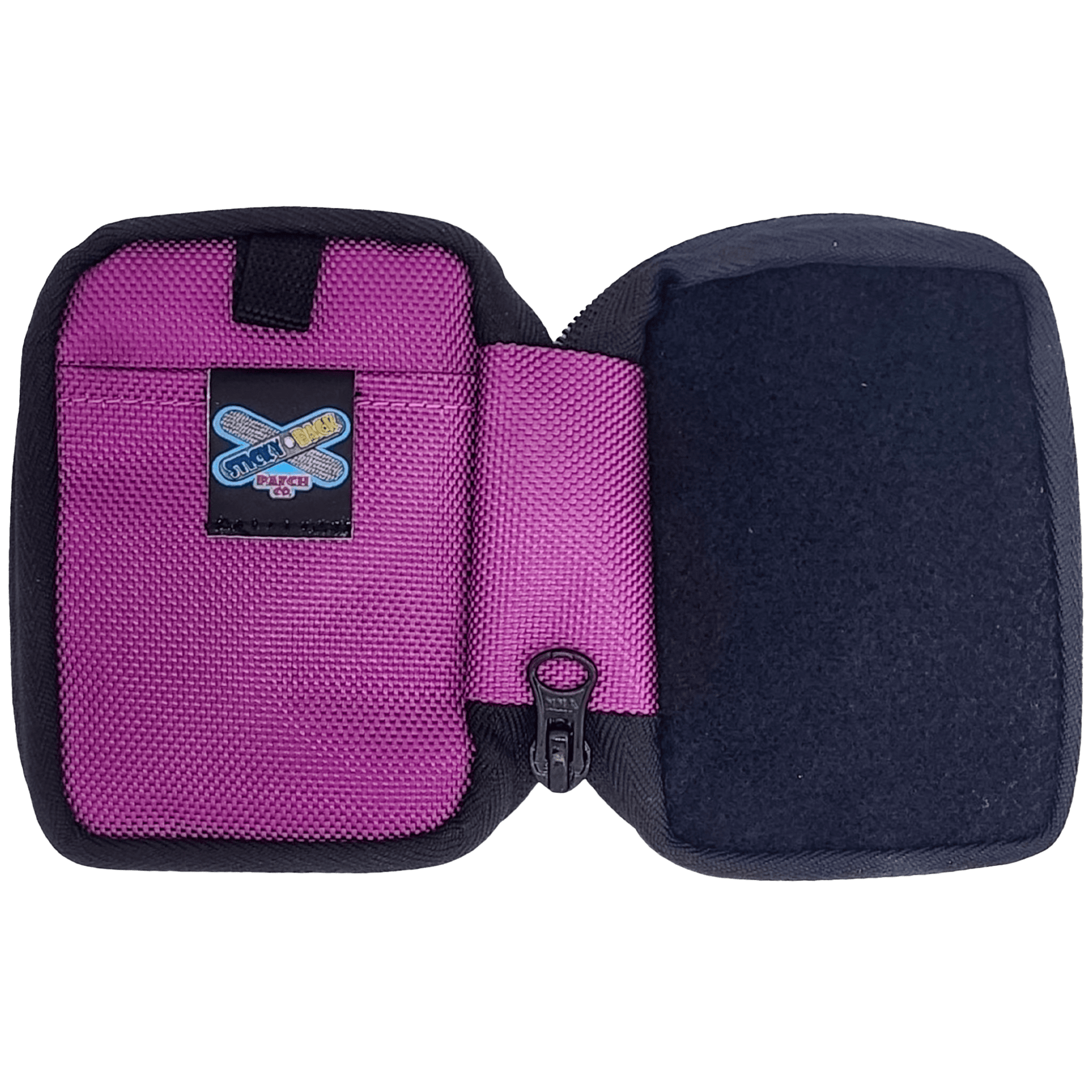Back side of purple Micro Pouch with a logo patch and empty compartments.