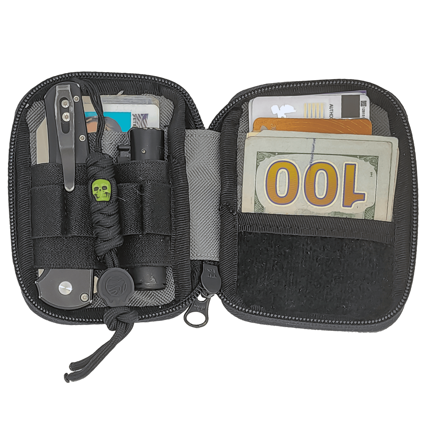 Open grey Micro Pouch showing organized contents, including a knife, lighter, pen, and cash.