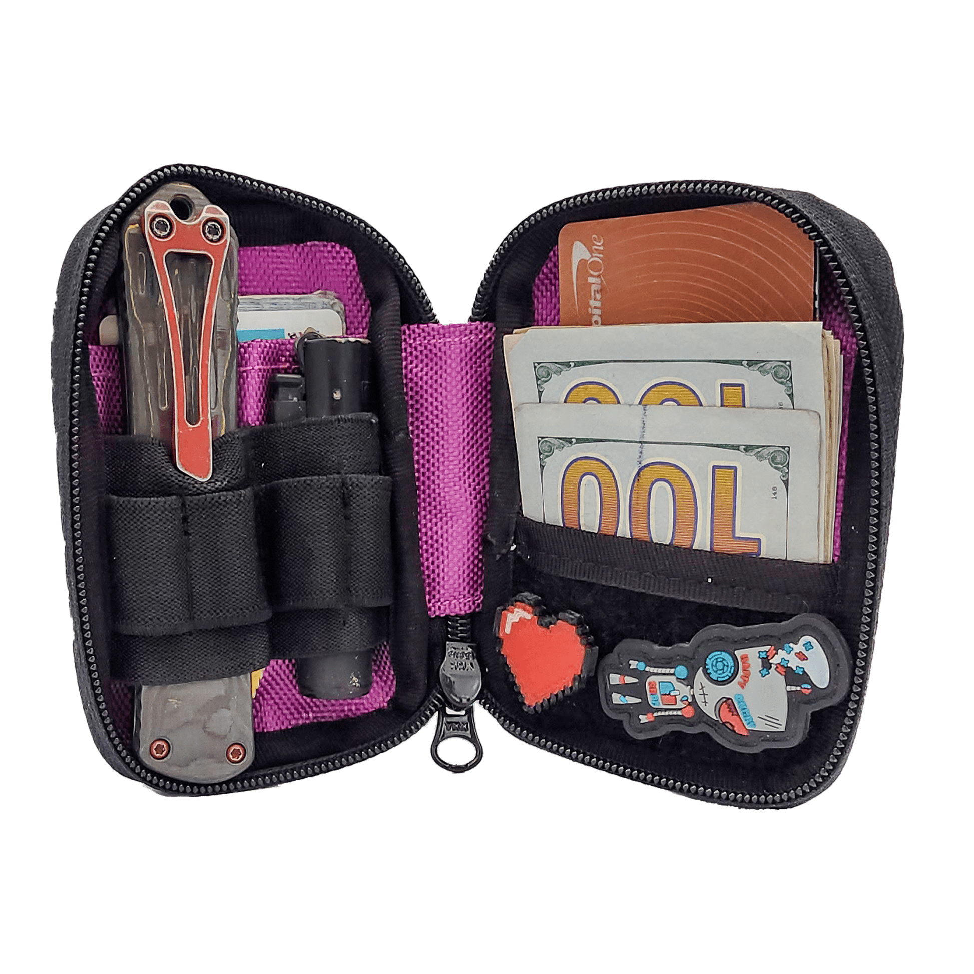 Open purple Micro Pouch with organized contents, including a knife, lighter, cash, and patches.
