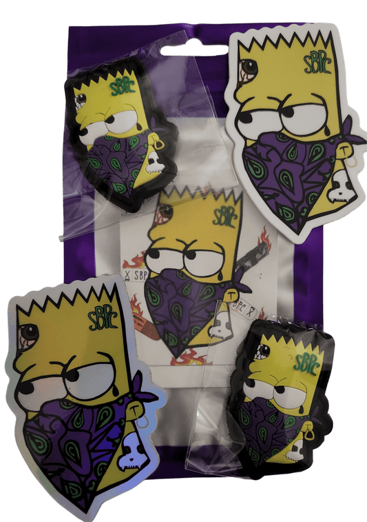 Yellow Menace set with a patch, two stickers, one holographic and one regular, and a numbered art card on a purple mylar bag.